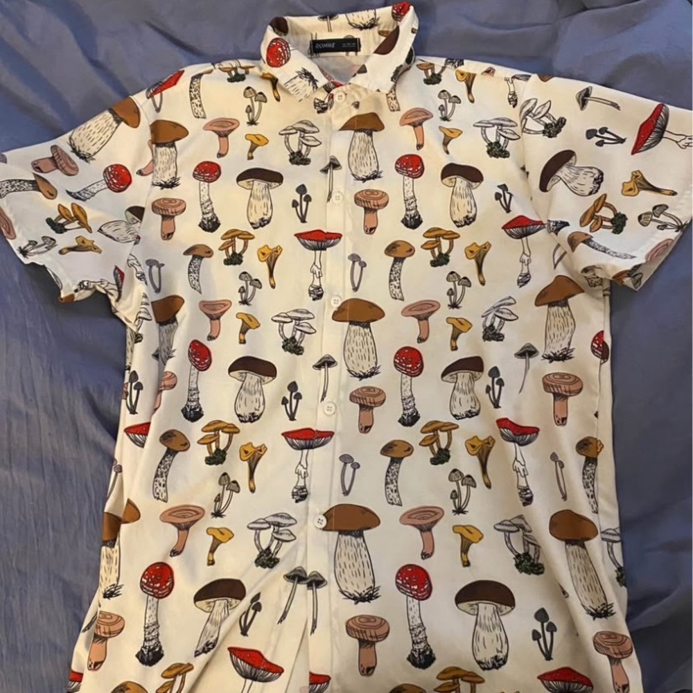 ROMWE Cream and Red Casual Button Down Shirt with Mushroom Print